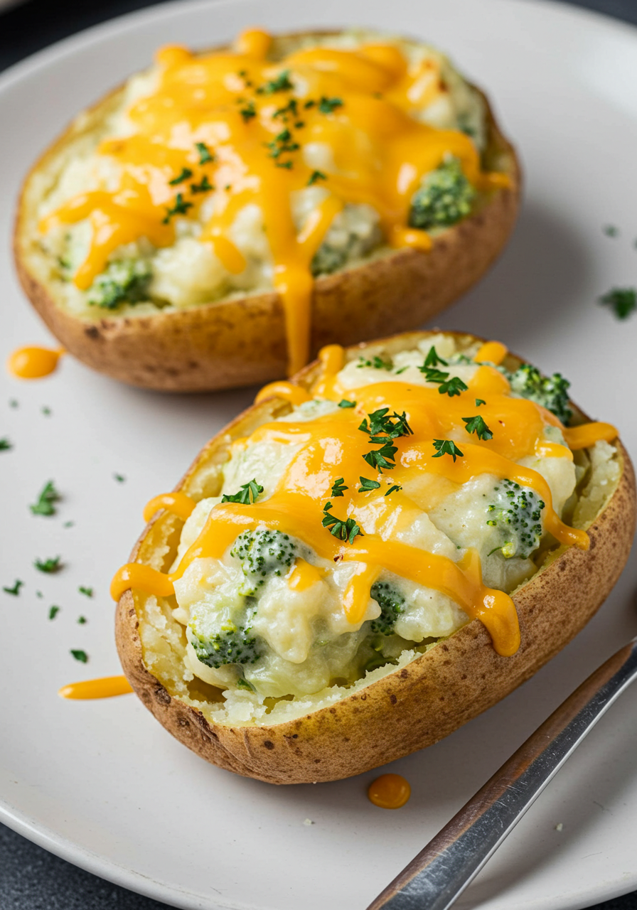 Cheesy Baked Potatoes with Broccoli Cheese Sauce