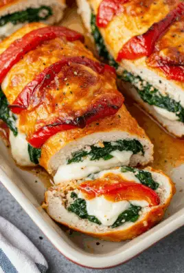 Roasted Red Pepper Spinach and Mozzarella Stuffed Chicken
