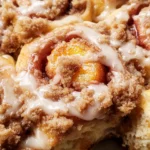 Peach Cobbler Cinnamon Rolls with Crumb Topping