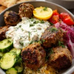 Gyro Bowls (Meatballs with Tzatziki, Lemon Rice, and Cucumber Salad)