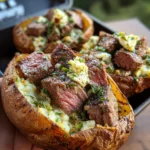Grilled Steak Bite Loaded Baked Potatoes with Garlic Herb Butter